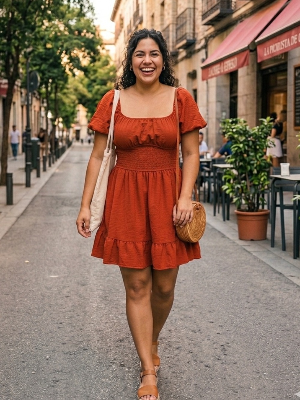 HESPERUS Smocked Rust Red Mini Dress with Ruffle Hem - Women
